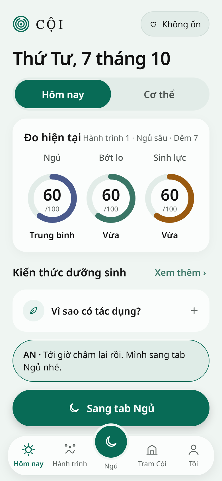Màn Hôm nay của app Cội: ba vòng điểm Ngủ, Bớt lo, Sinh lực